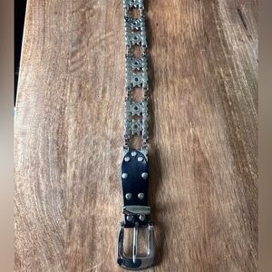 Y2K Silver Tone Chain Link Belt Black genuine Leather Belt 43”
